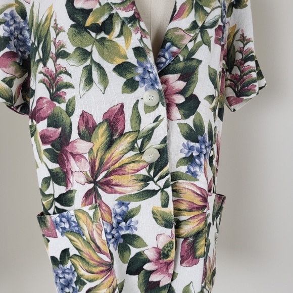 90’s botanical blazer short sleeve blouse button up floral long pockets vintage - Picture 3 of 16